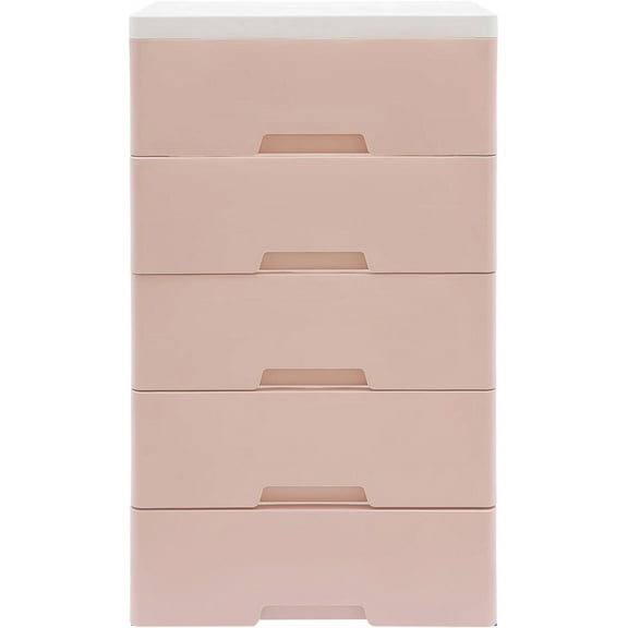 Plastic Drawers Dresser for Bedroom, Modern Storage Cabinet with 5 Drawers, 5 Tier Closet Drawers Tall Dresser Organizer w/Wheels, Movable Dresser Drawer Chest for Office Bedroom (Pink)