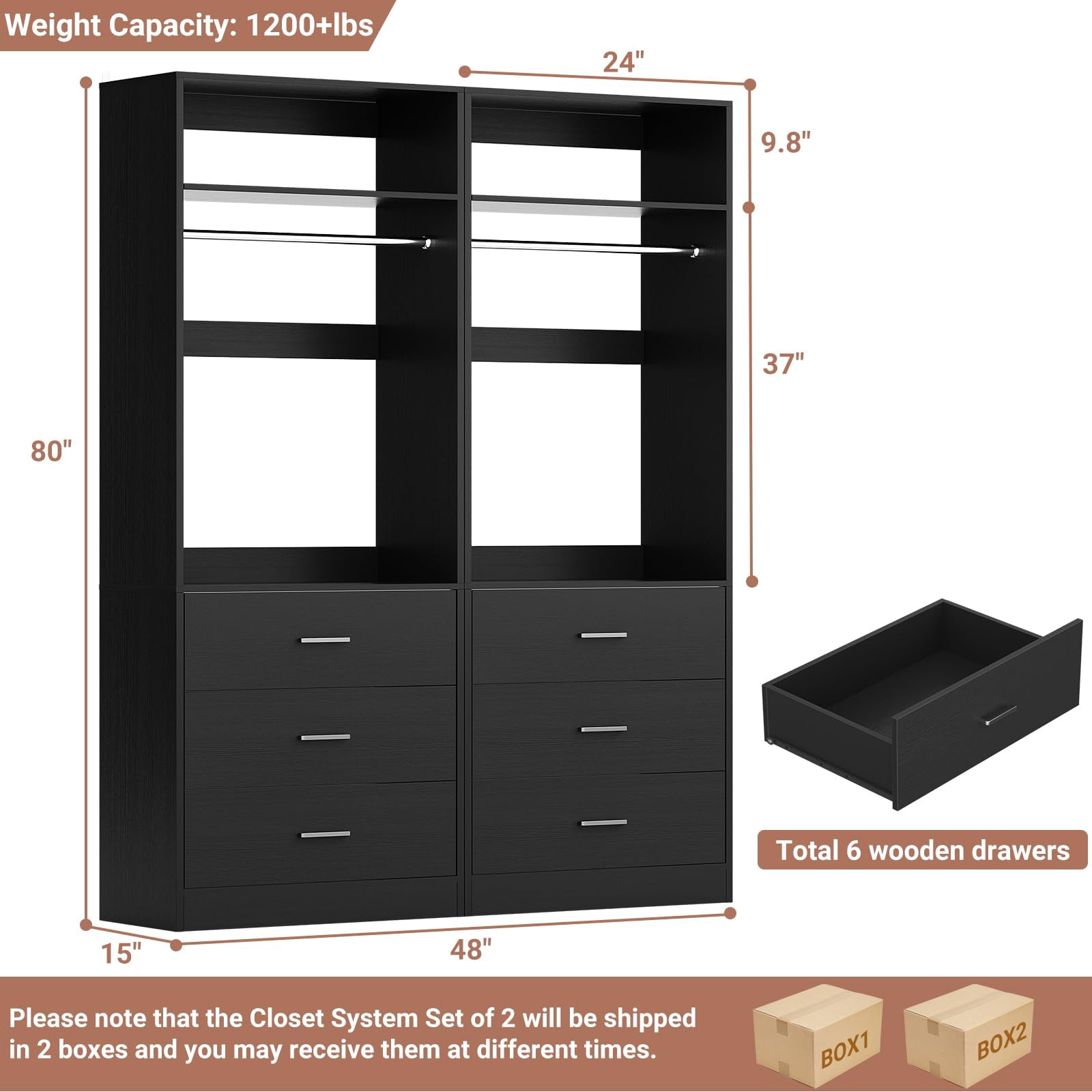 Homieasy 4FT (48 Inch) Closet Organizer System,Set of 2 - 6 Wood Drawers, 2 Hanging Rods & 2 Shelves, Heavy Duty Walk-in Closet Storage,Black