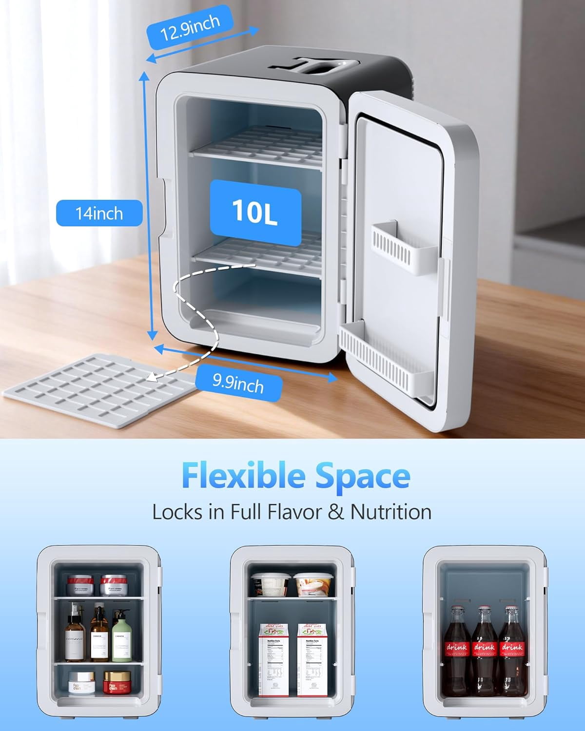 Compact  Fridge, Portable Small Refrigerator with  Power, 10 Liter Cooler for Beverage, Food, Skincare, Bedroom, Office and Car, Black
