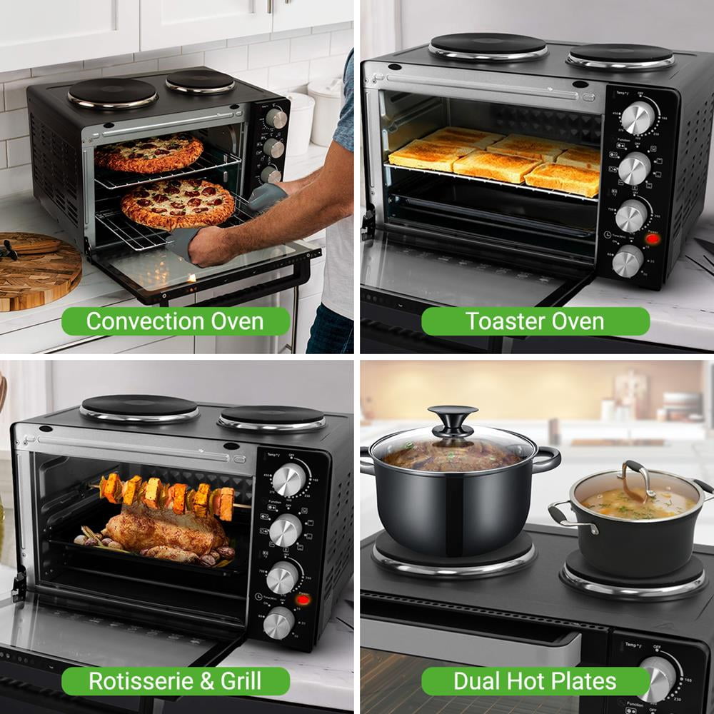 NutriChef 2-in-1 Convection Oven & Cooker, 30 Quart 1500W Multi-Function Oven with Dual Hot Plates, 7 Cooking Modes, Rotisserie, Broil & Bake, 19.6"x16"x13.5"