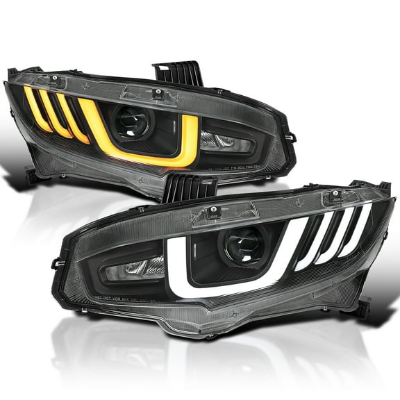 Spec-D Tuning Black LED Tube Projector Headlights w/Switchback Sequential Signal Compatible with 2016-2021 Honda Civic Models with Factory Halogen Headlights Left Right
