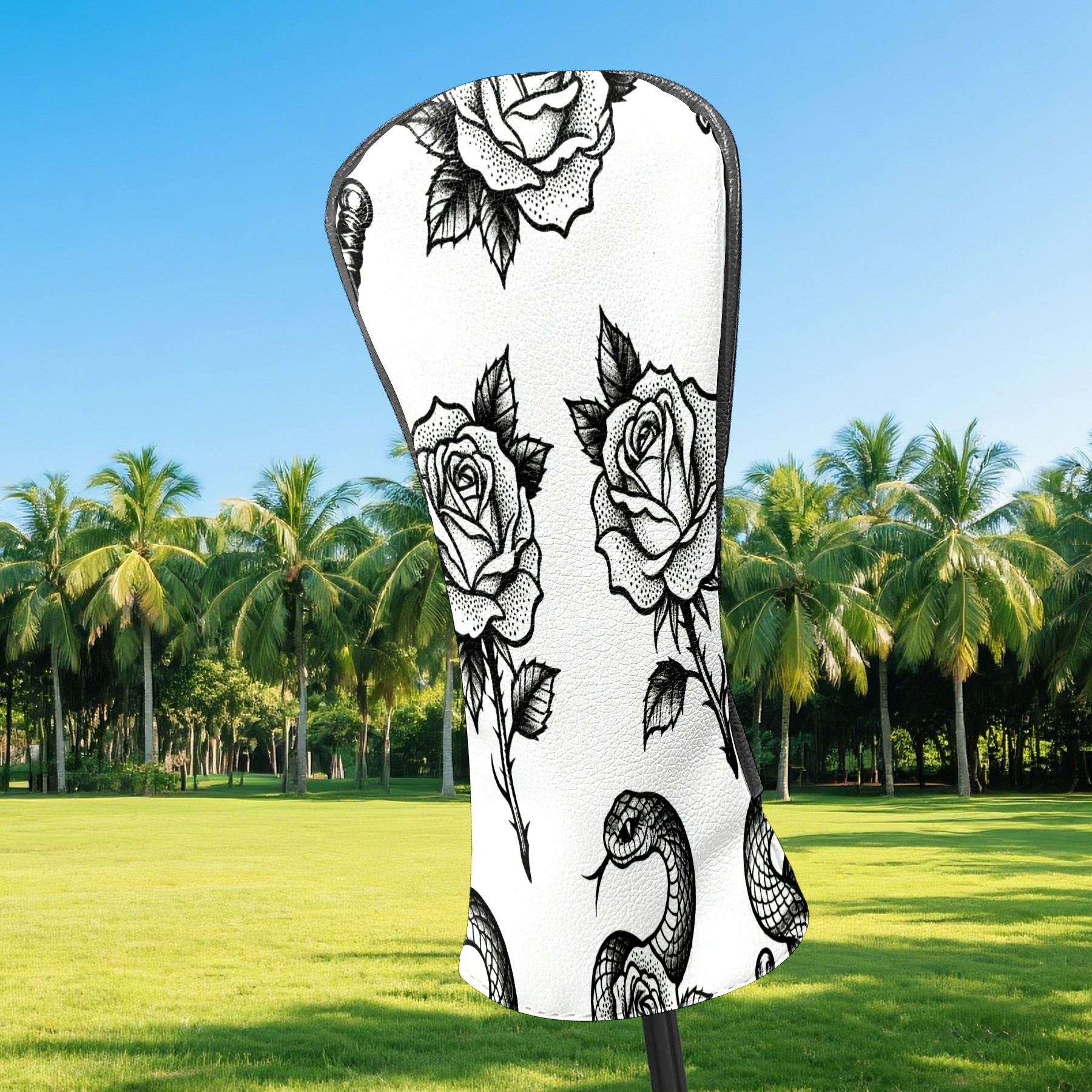 Golf Club Covers, BlackWhite RoseDagger Premium PU Leather Driver Hybrid Putter Head Covers with Velvet Lining, Waterproof Golf Gifts for Men Women