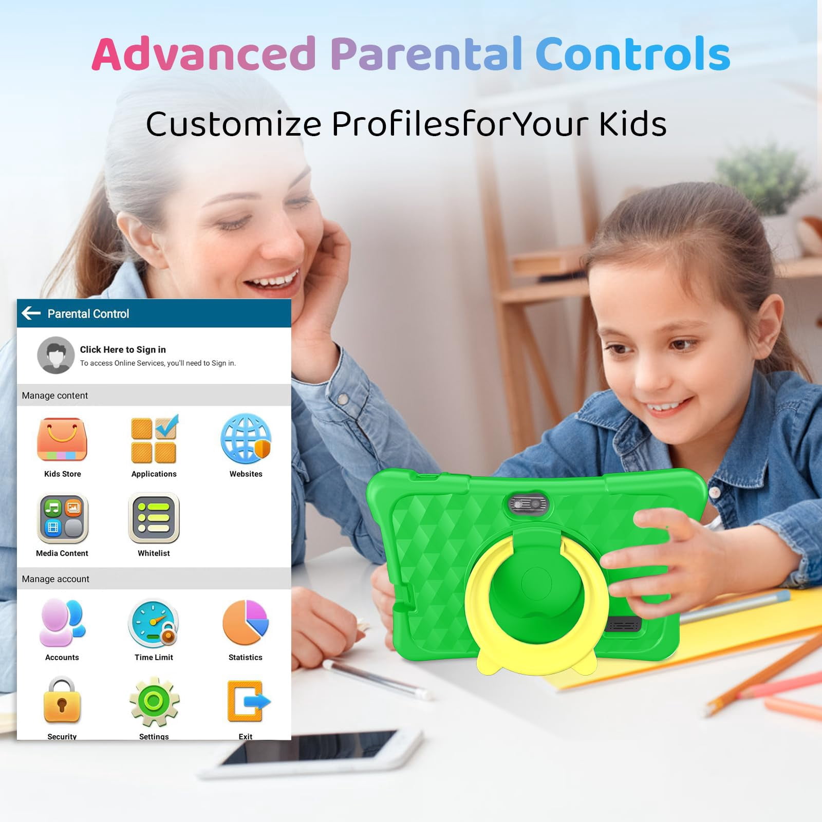 Kids Tablet, 7 inch Android 15 Tablet for Kids, 8GB+32GB 1TB Expand, Quad-Core Toddler Tablets with Shockproof Case, BT5.0, WiFi 5, Parental Control, Games, Dual Camera