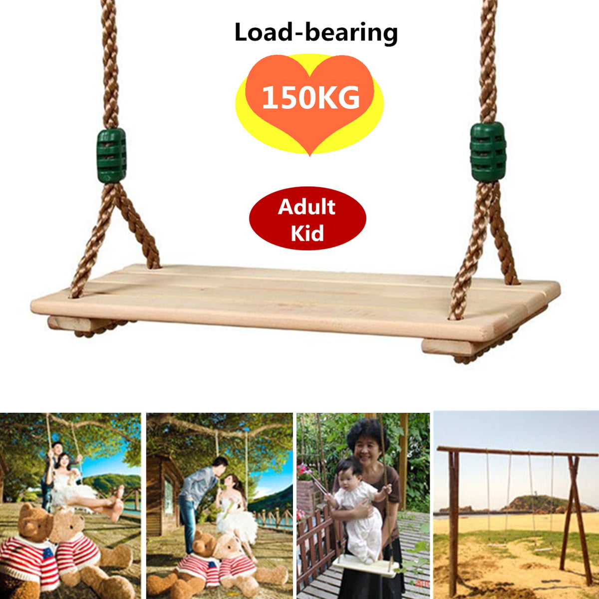 150KG Load-Bearing Wooden Swings Seat Child Adult Indoor Outdoor Yard Swing Play 