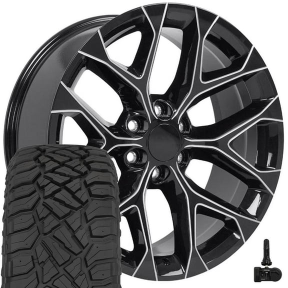 OE Wheels CV98B 22 Inch Rims and Tires Fit Silverado 1500 Snowflake Style 6x139.7 22x9 Gloss Black with Milled Edge - Hollander 5668 - TerraMax RT 285/45-22 (Set of 4)