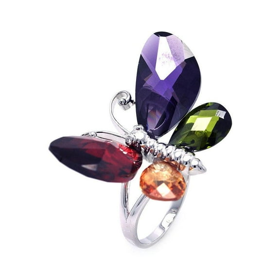 Sterling Silver 925 Rhodium Plated Multi-color Cubic Zirconia Butterfly Ring Jewelry Female Size 8