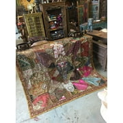 Mogul Indian Ethnic Wall Tapestry Zardozi Embroidered Khaki Gold Bohemian Wall Hanging Throw 90X 80