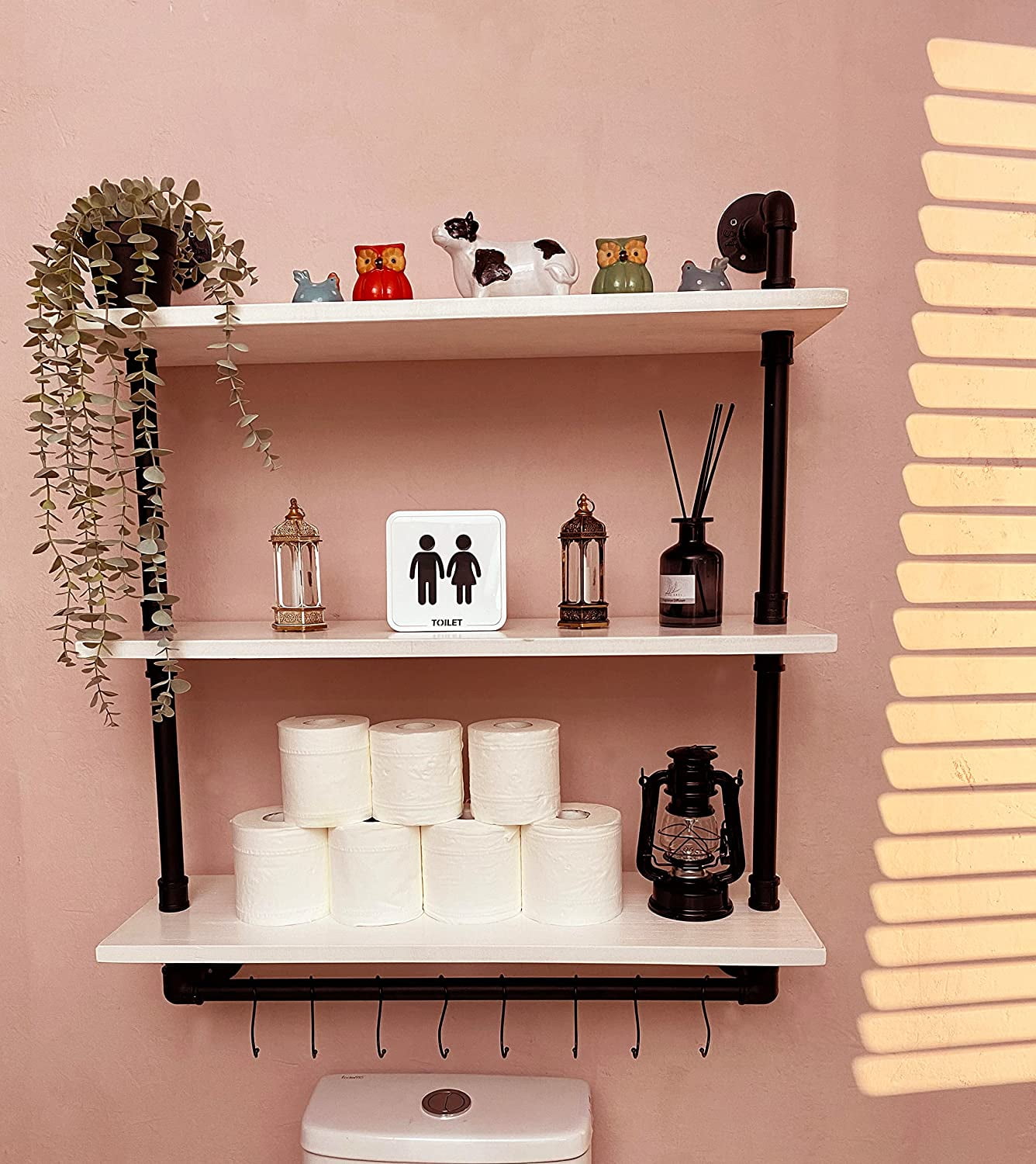 Industrial Pipe Shelving Floating Bathroom Shelves with Towel Bar Over