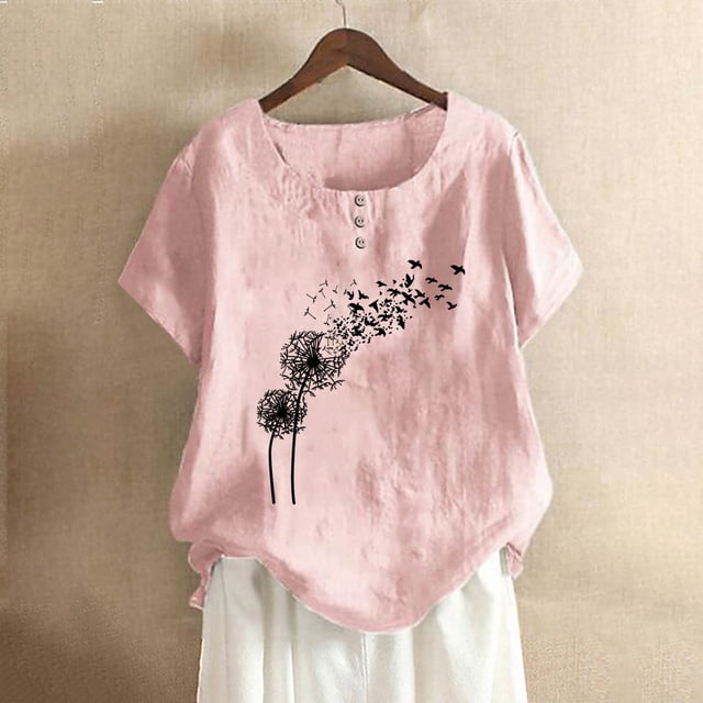 Fiudx Liquidación de Ahorros de Verano Moda Mujer Cuello Redondo Manga Corta Blusa Camiseta Impresión Suelta Tops