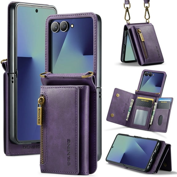Allytechgroup Magnetic Detachable Wallet Case for Samsung Galaxy Z Flip 7, [Support Wireless Charging] Luxury PU Leather Slim Cover with Card Slots & Kickstand, RFID Blocking Shockproof Case, Purple