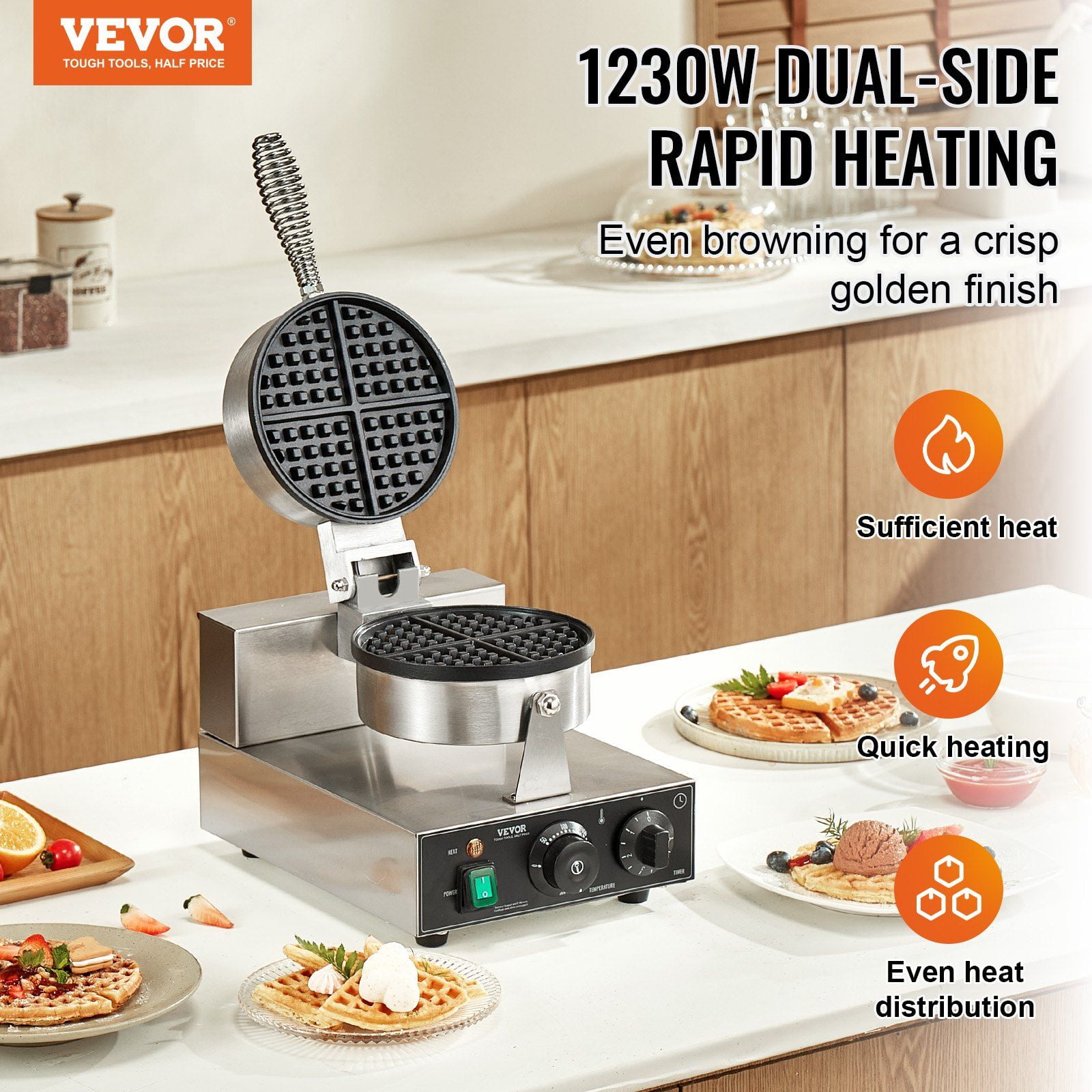 Dranite Commercial Round Waffle Maker Machine - Non-Stick Coating, 1230W Power, Professional Belgian Waffle Iron Baker for Breakfast and Business Use
