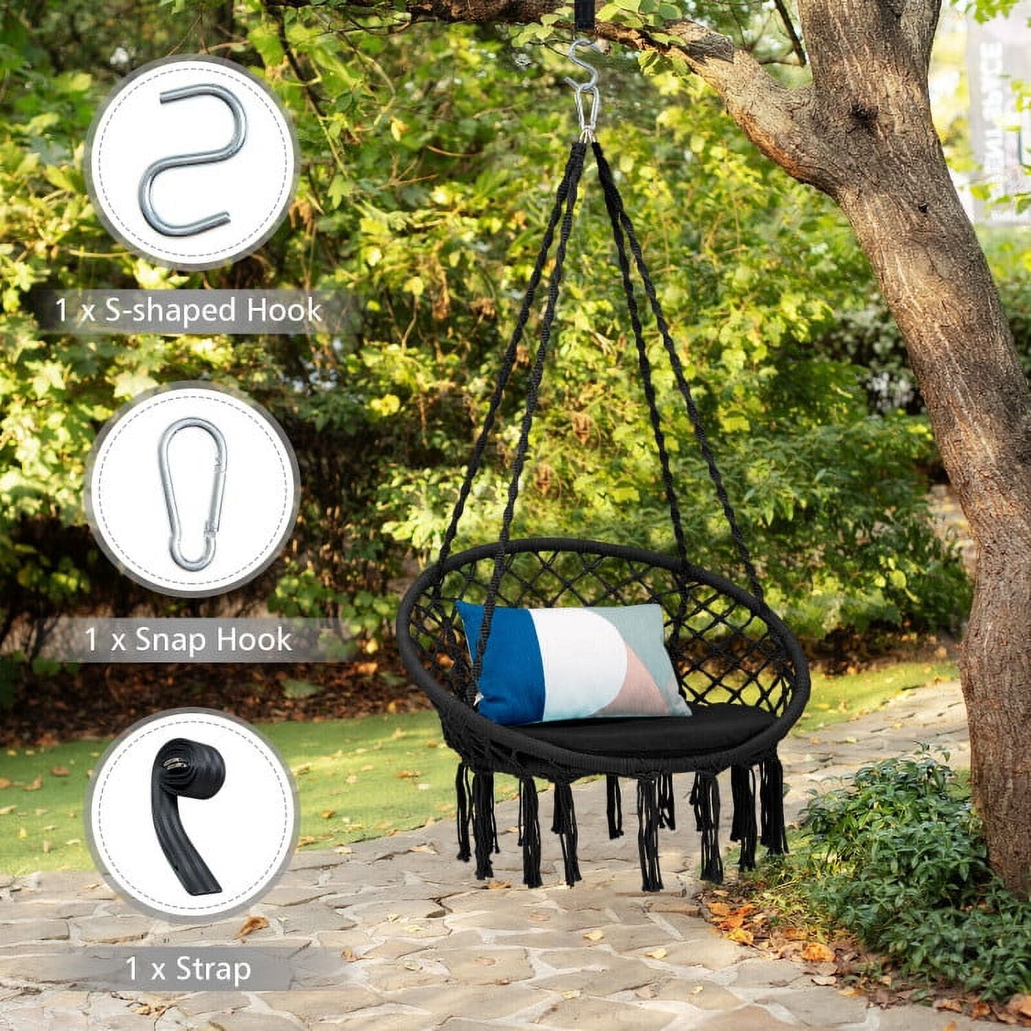 Aimee Lii Cushioned Hammock Swing Chair with Hanging Kit, Comfy Outdoor Chair, Black Aimee Lii Cushioned Hammock Swing Chair with Hanging Kit, Comfy Outdoor Chair, Black