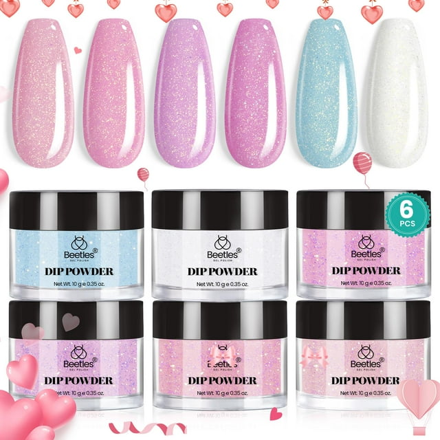 Kit de uñas Dip Powder con forma de escarabajos, 6 colores: rosa, blanco y morado