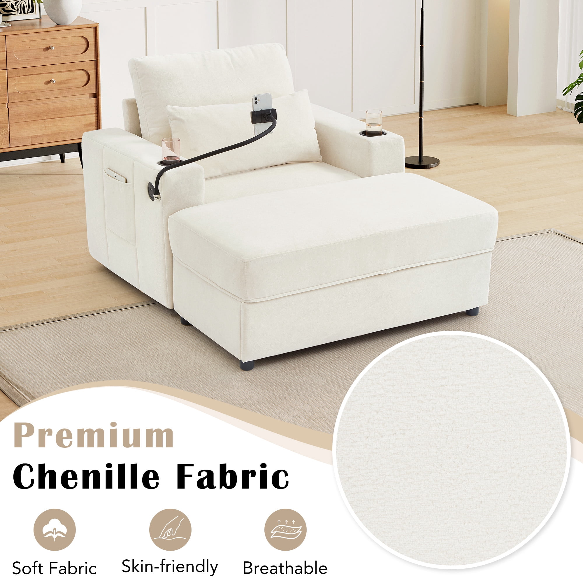 Euroco Convertible Chenille Recliner Chair with Storage Ottoman, USB Ports, Cup Holders & Phone Stand – Sleeper Armchair with Adjustable Backrest for Small Spaces