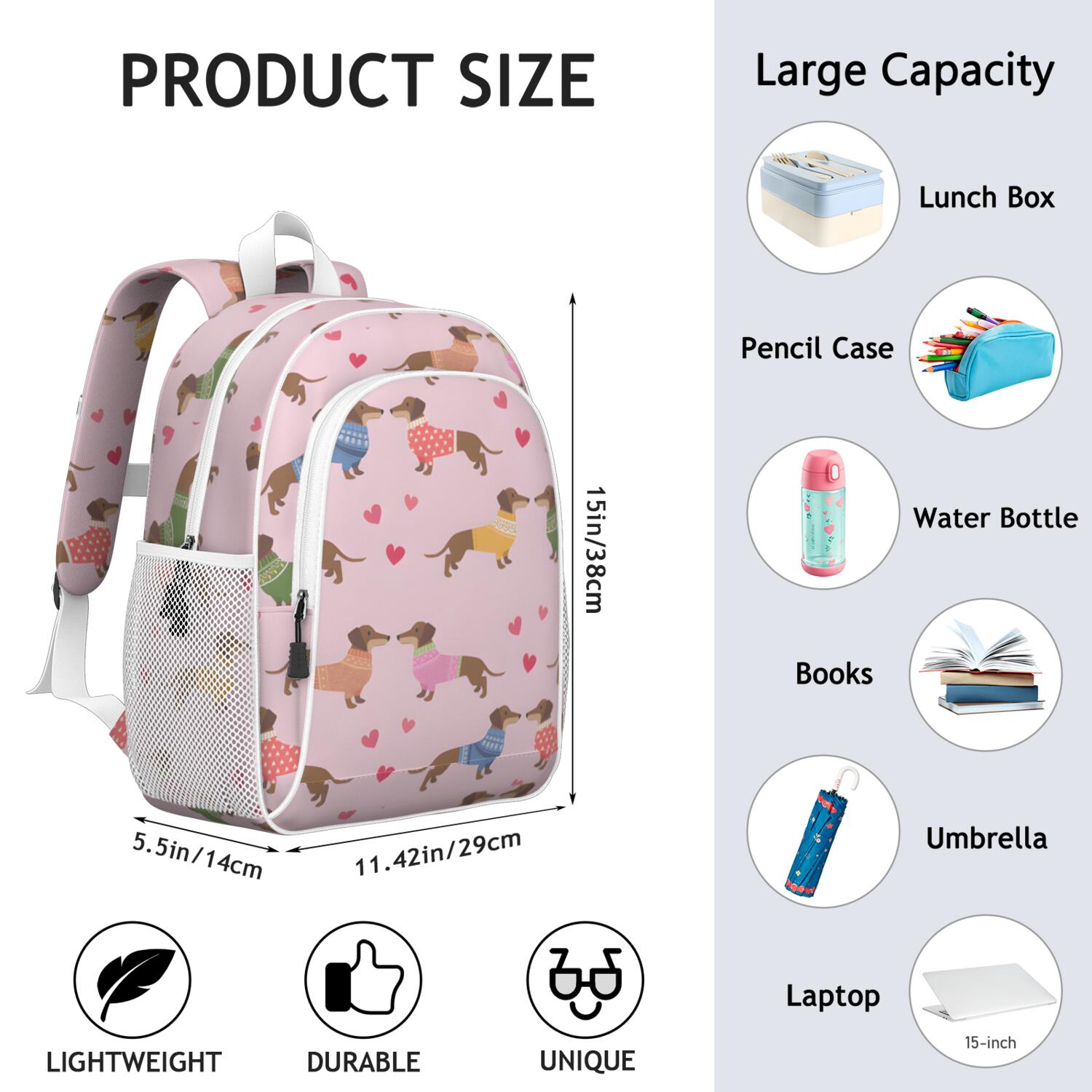 Colorful Funny Dachshund Backpack for School,Cute School Bag,Schoolbag with Adjustable Shoulder Straps & Padded Back,15"x11.42"x5.5"