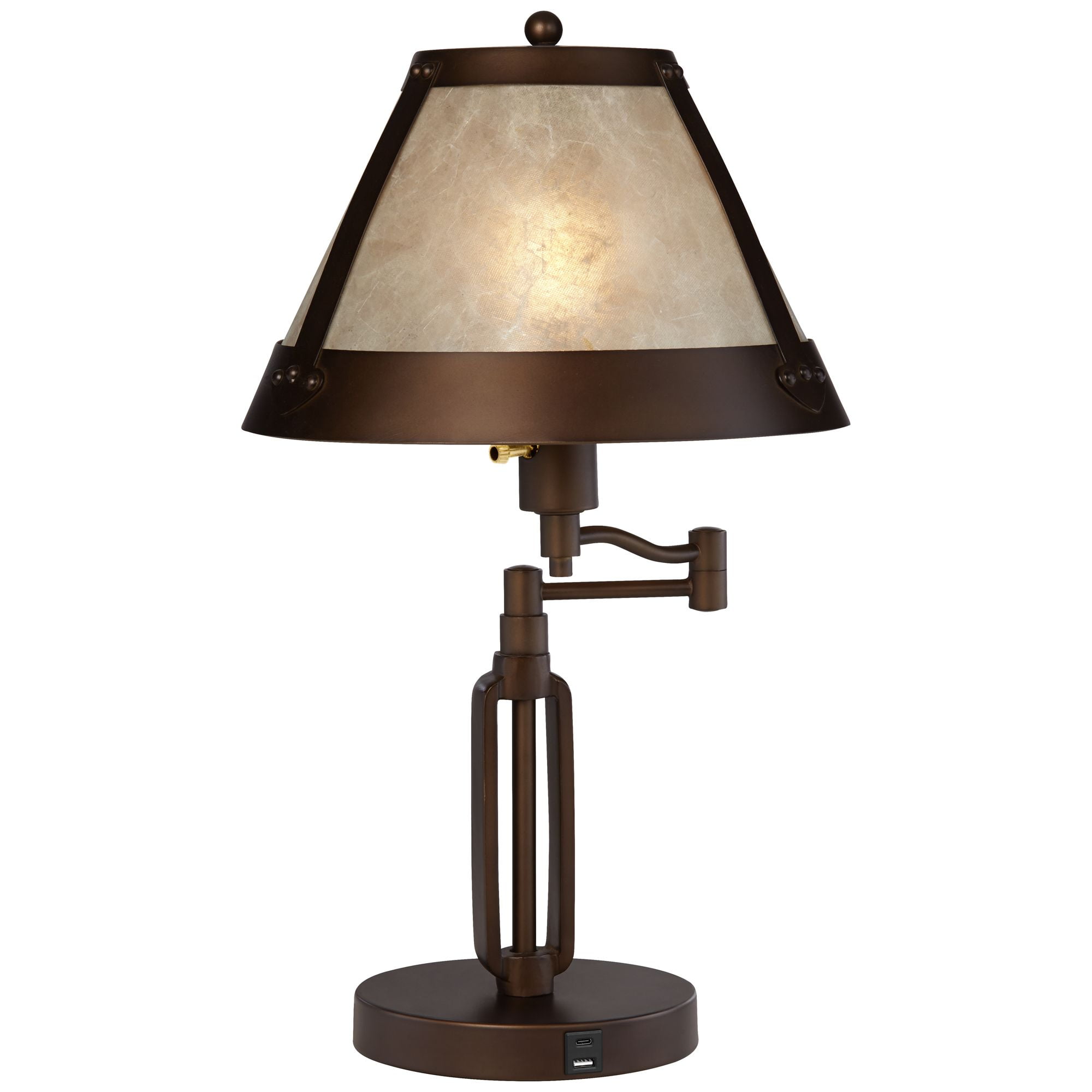 Franklin Iron Works Samuel Industrial Desk Lamp 21 1/4" High Bronze Swing Arm with USB Charging Port Natural Mica Shade for Bedroom Living Room House