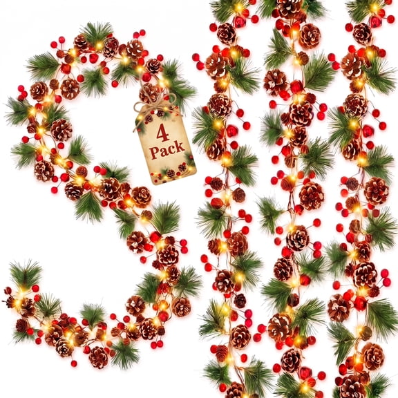Leyaron Christmas Garlands Decorations, 4 Pack 26FT Christmas Garlands with Lights Red Berries Pine Cones Bells Xmas Decorations for Home Indoor Outdoor Xmas