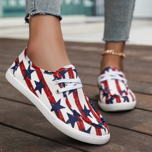 Willtoo Women's American Flag Canvas Shoes, Lace-Up Patriotic Sneakers, Comfortable Flat Walking Shoes for Independence Day