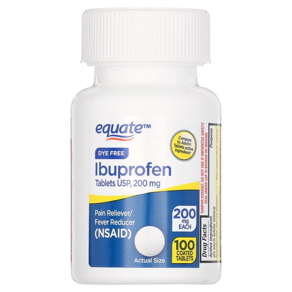 Equate Dye-Free Ibuprofen Tablets, 200 mg, Pain Reliever and Fever Reducer, 100 Count