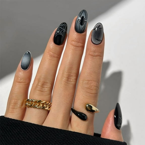Halloween Dark Style Wearable Nail Art - Black - Gray Gradient with Spider and Bat, Detachable Finished Nails