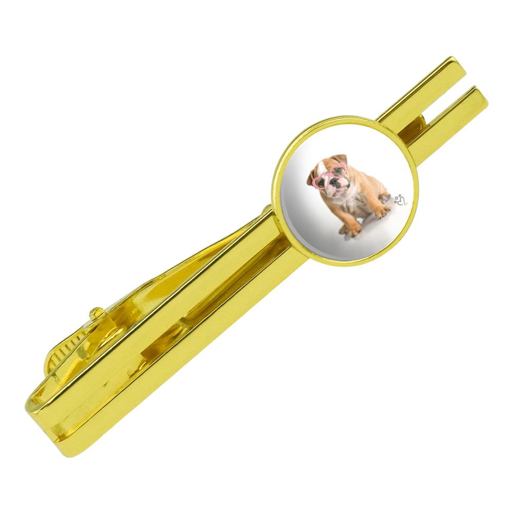 GRAPHICS & MORE British Bulldog Puppy Dog Wearing Heart Glasses Round Tie Bar Clip Clasp Tack Gold Color Plated