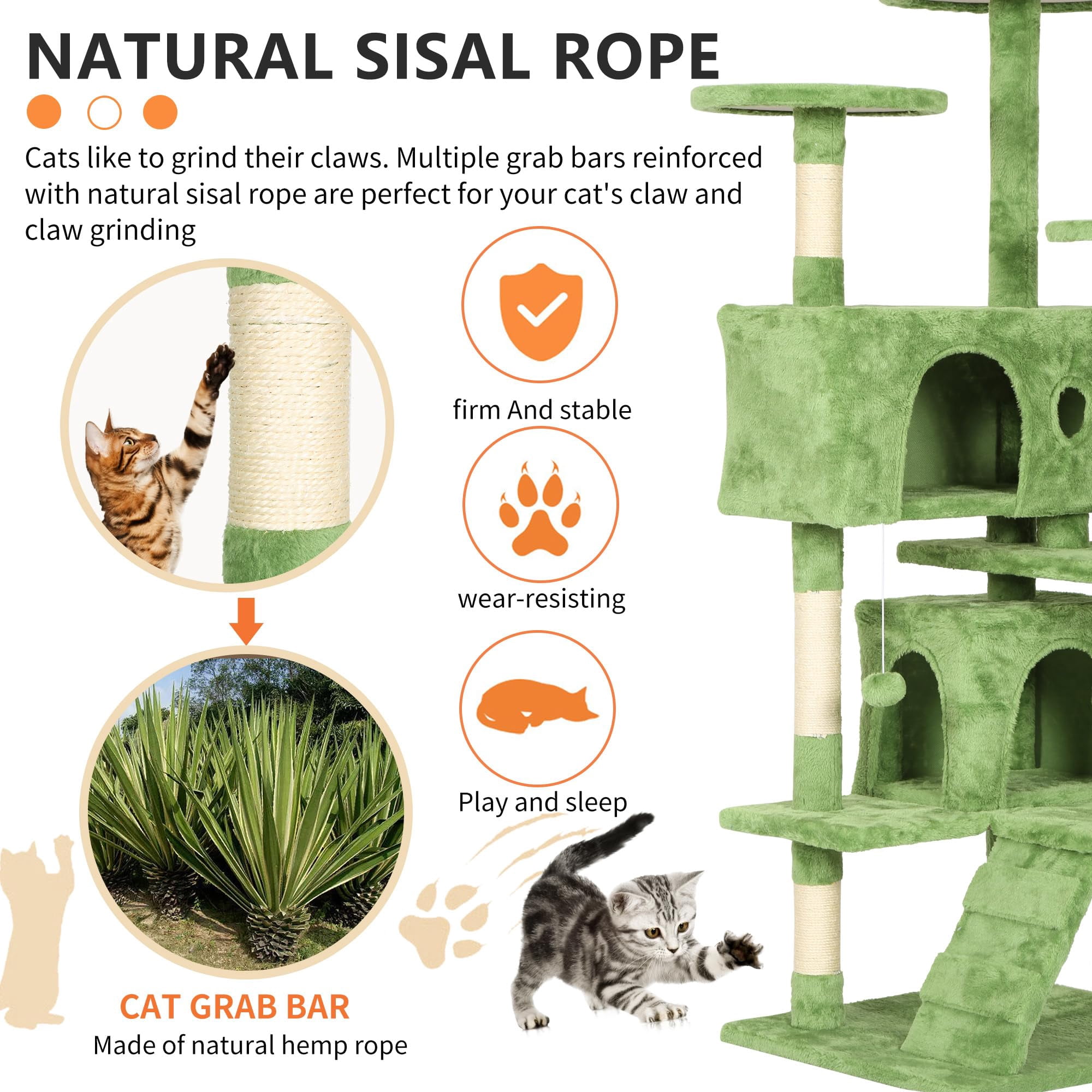 YRLLENSDAN 54 inch Tall Cat Tree Tower for Indoor Cats, Large Cat Tower with Scratching Post, Cat Climbing Tower with Cat Tree House, Sturdy Cat Condo, Green