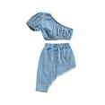 thumbnail image 7 of Michellecmm Kids Baby Girls Summer 2PCS Denim Clothes Set, Little Girls Solid Color Short Sleeve Off-shoulder Cropped Tops + Irregular Hem Skirt Outfit, 7 of 7