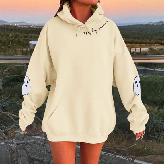 Womens Graphic Hoodie Spooky Season Ghost Sleeve Graphic Drawstring Long Sleeve Pullover Vintage Halloween Streetwear Top Fall Winter Oversized Sweatshirts Beige L