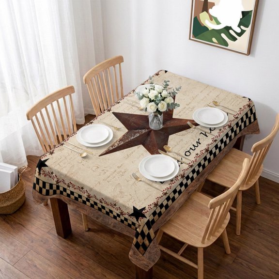 Western Star Brown Table Cloth Waterproof Tablecloths, Texas Stars Retro Farmhouse Buffalo Plaid Tablecloth Dining Table Cover for Kitchen Party Tabletop Outdoor, Rectangle Tablecloth 52x70 Inch