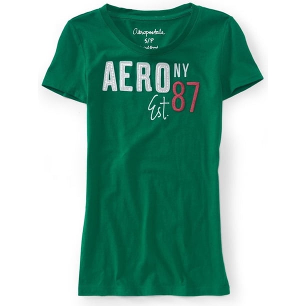 Aeropostale Mujer Aero Ny Est. Camiseta con adornos 87, verde, mediana Aeropostale Camiseta adornada