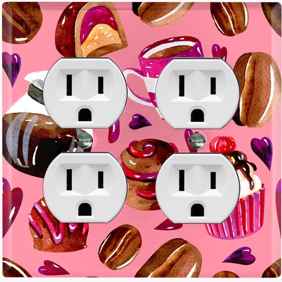 Metal Light Switch Wall Plate Outlet Cover (Coffee Mocha Candy Bean Toffee Swirl Cupcake Coffee Maker Pink Purple Hearts - Double Duplex)