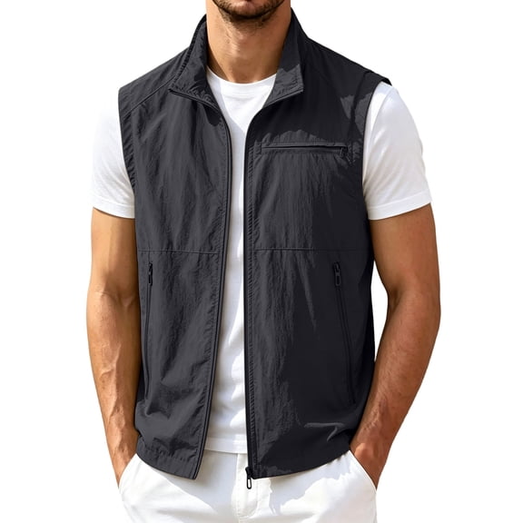 LNWUY Mens Sleeveless Vest Zip Up Jacket Lightweight Casual Golf Windbreakers Hiking Travel Work Vests Quick Dry Outwear Black M