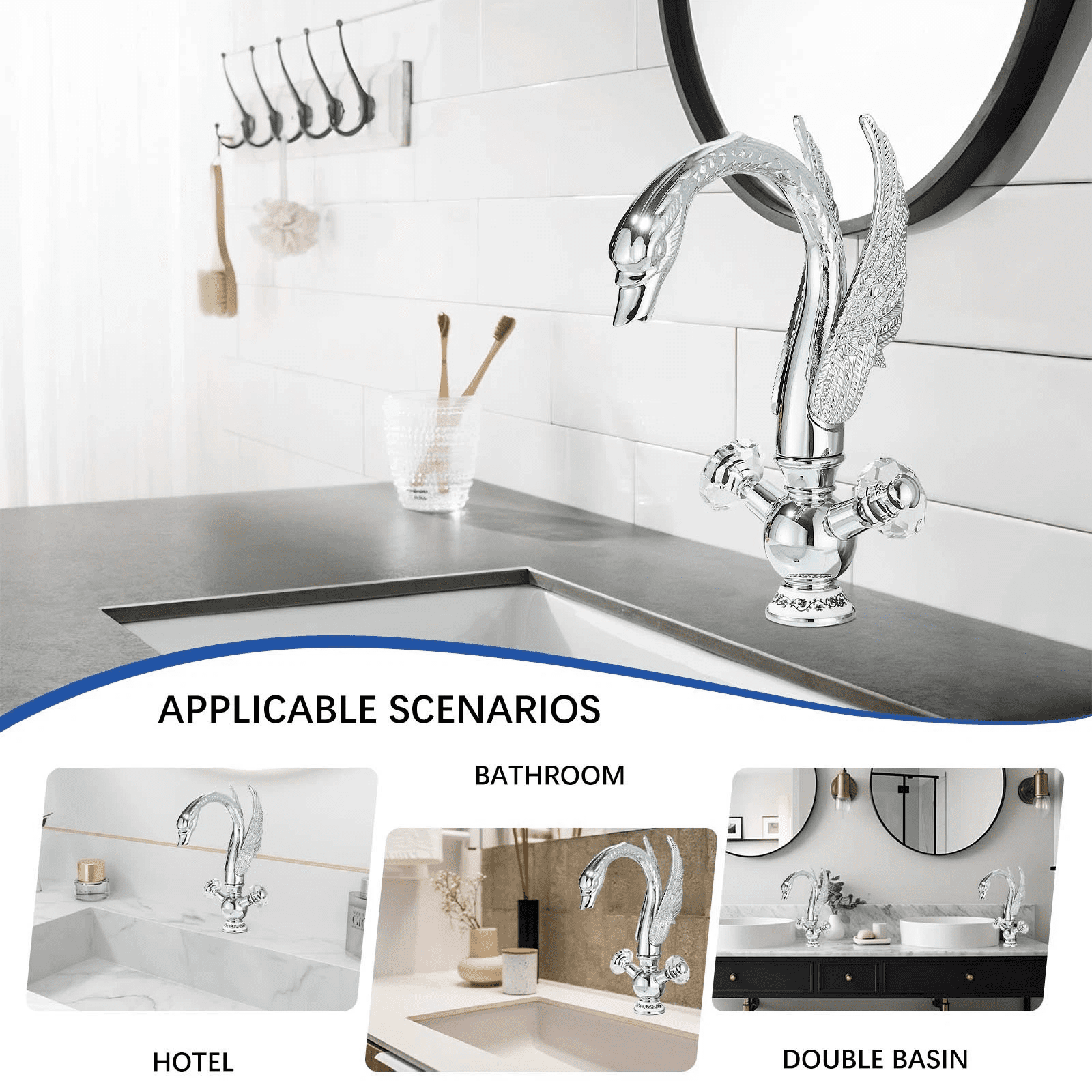 Zovajonia Waterfall Chrome Swan Bathroom Sink Faucet Single Hole/ Handle Vanity Mixer Tap 360° Rotation