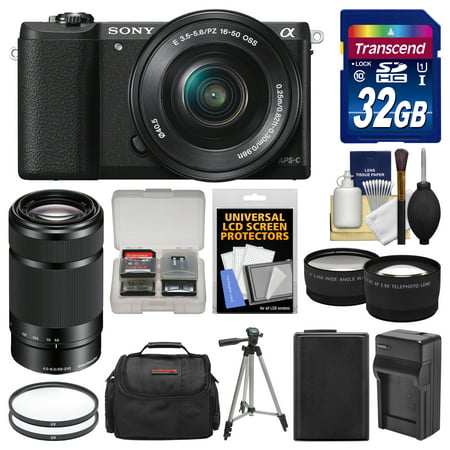 Sony Alpha A5100 Wi-Fi Digital Camera & 16-50mm (Black) with 55-210mm Lens + 32GB Card + Case + Battery & Charger + Tripod + Tele/Wide Lens Kit