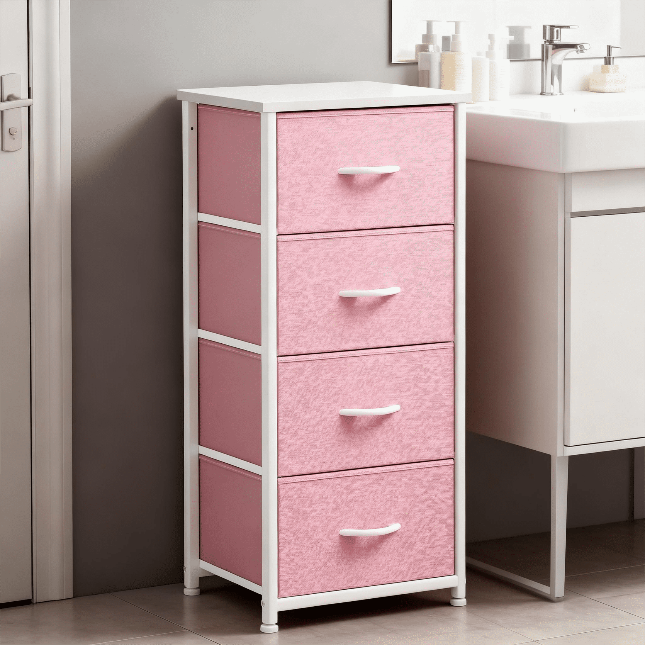 CONCETTA 4 Drawer Dresser, Wide Chest Drawers Nightstand Storage Tower Storage Fabric Dresser With Wood Top for Living Room, Bedroom, Closet, Pink