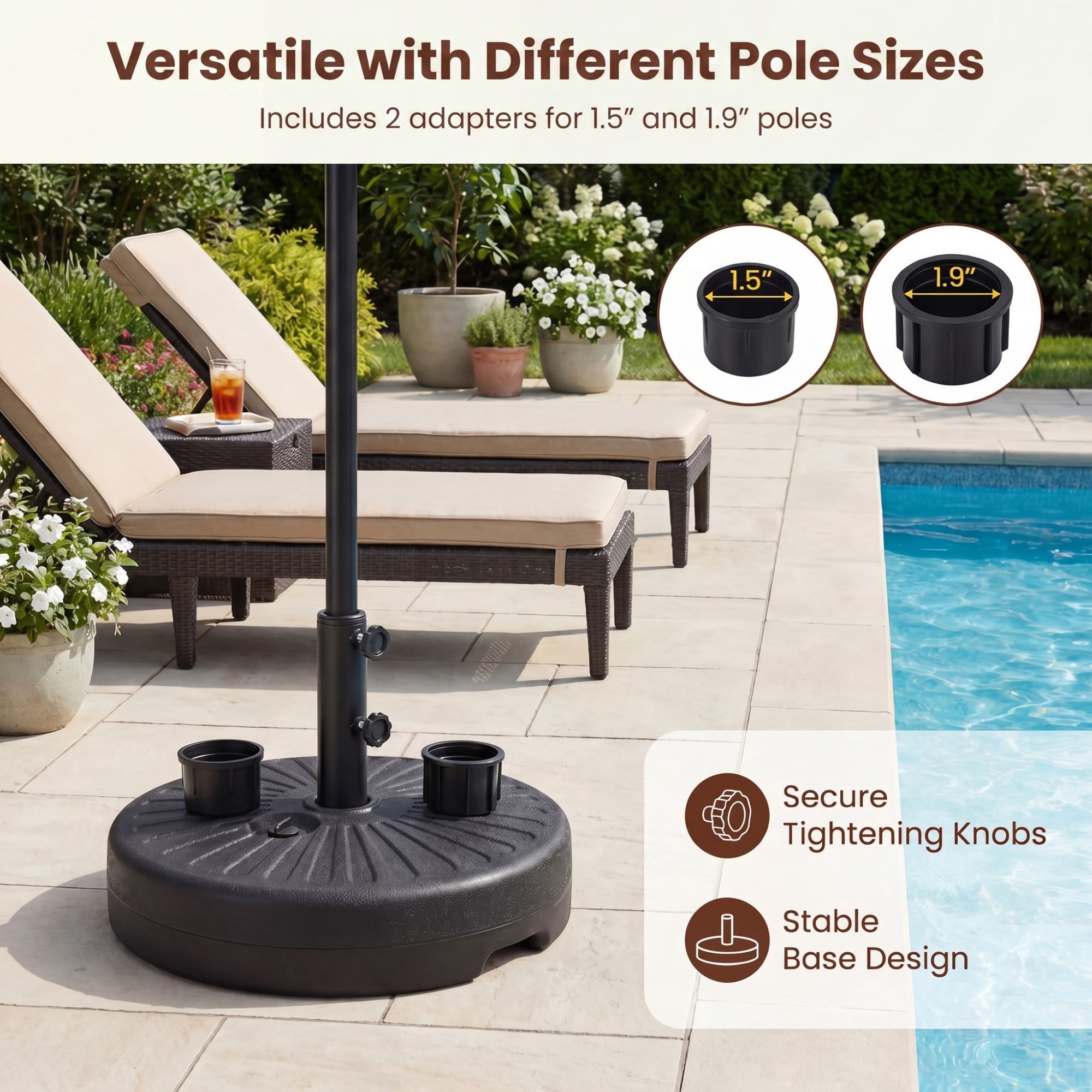 ELLEGNT Heavy-Duty Patio Umbrella Base Stand - 19.5" Round, Fillable, Fits 1.5" /1.9" Poles