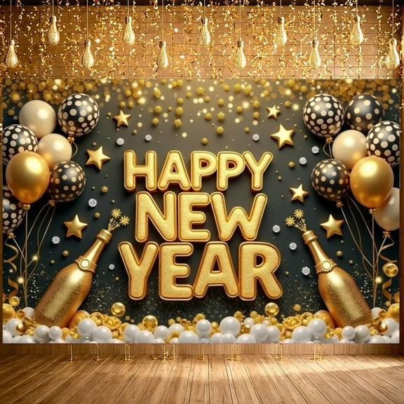 Gold Theme Happy New Year Banner Shiny Design New Year Banner Star Decor Balloon Pattern Celebration Banner for New Year Party Indoor Decoration Holiday Celebration