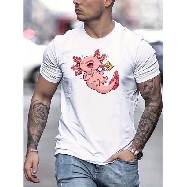 Happy Axolotl Graphic Print Men's Creative Top, Casual Short Sleeve Crew Neck T-shirt, Men's Clothing For Summer Outdoor, Casual Sporty Tee, Summer Gifts