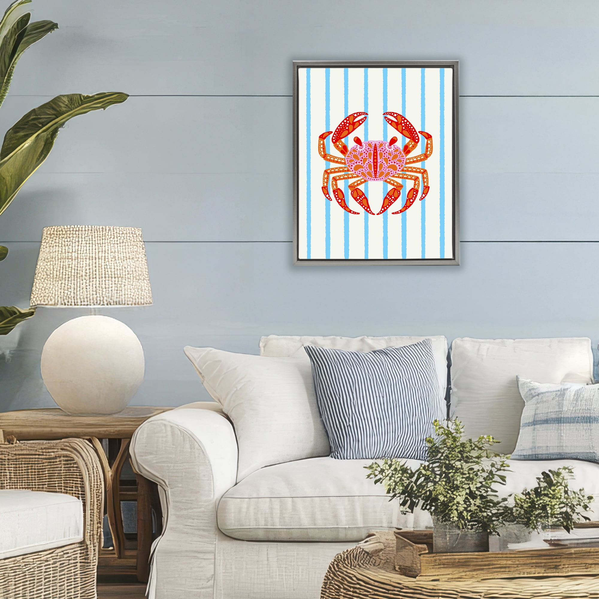 Stupell Industries Bright Crab on Stripes Gray Framed Floater Canvas Wall Art, design by Indira Prieto | IndySign