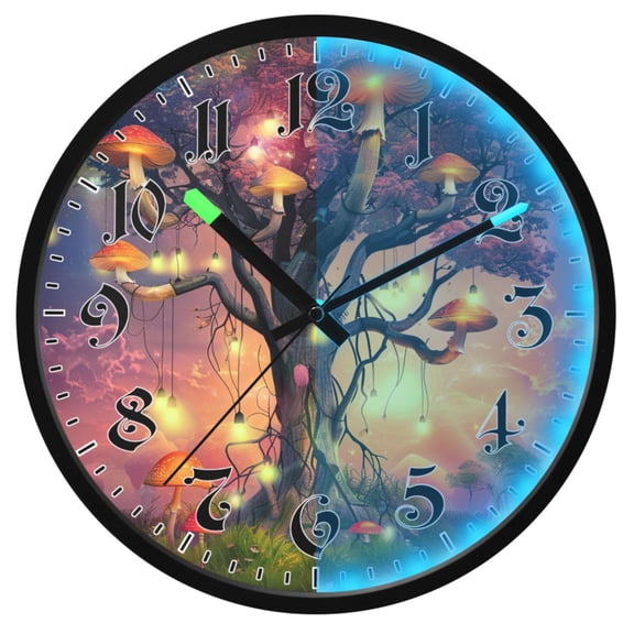 Ryvnso Mushroom on Magic Tree 12 Inch Night Light Wall Clock Luminous Silent Battery Operate Clocks