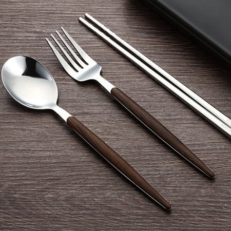 Wood Grain Stainless Steel Western Food Tableware Portable Steak Cut and Fork Set 3pcs Dinnerware