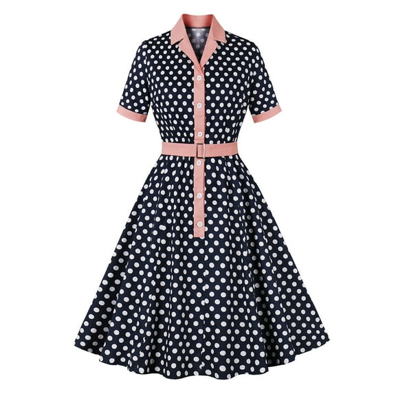 LFEOOSTCocktail Dress for Women 1950s Vintage Party Swing Dresses Polka Dot Short Sleeve Button Lapel Belt Hepburn Dress