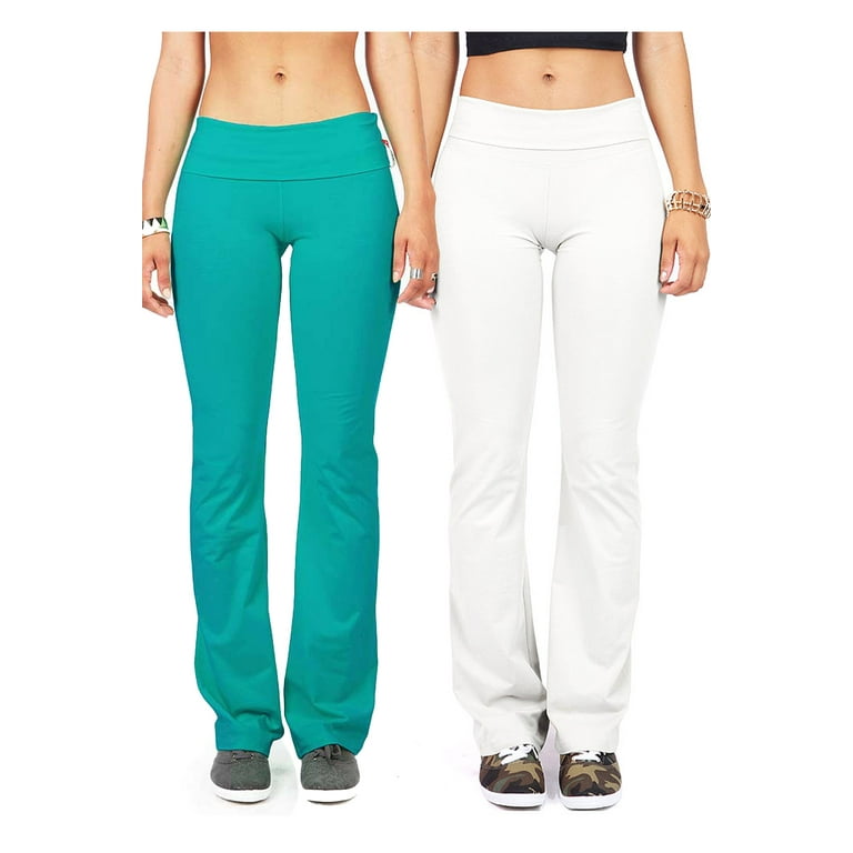 Ambiance Women's Juniors Foldover Bootcut Yoga Pants - 2 PK (Jade + White,  Small)