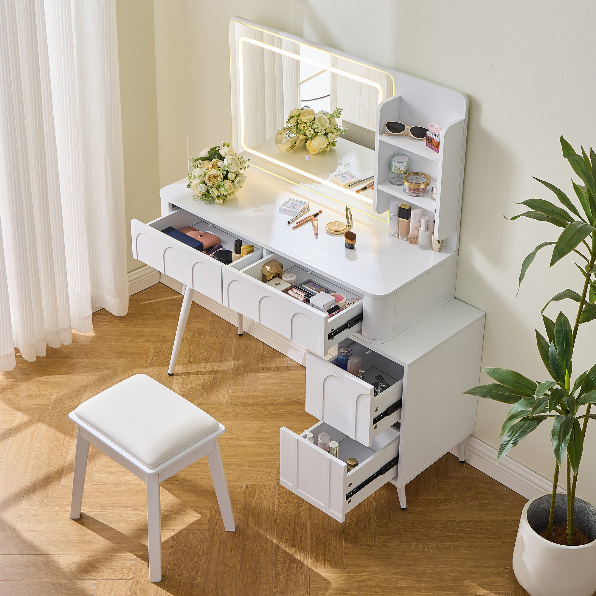 Modern Makeup Vanity Desk with LED Lights & Mirror,4 Drawer Dressing Table Set with 4 Drawer and Stool, 3 Colors Dimmable Brightness for Space-Saving,Bedroom,White