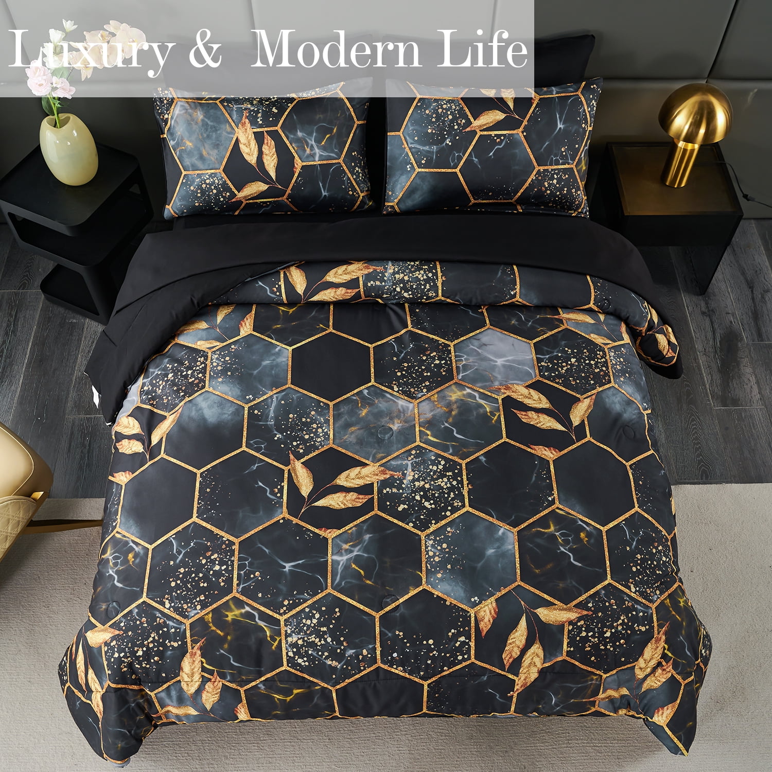 RYNGHIPY 3-Piece Black Comforter Set Full Size Honeycomb Hexagon Bedding Sets Black Gold All Season Marble Bed Set Full Down Alternative (Black Full)
