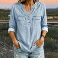 thumbnail image 5 of Kadlawus Long Sleeve Loose V Neck Denim Button Down Shirt Women Fall Casual Basic Pullover Tops Soft Stretchy Comfort Commute Travel Home Daily Wear, Light Blue 2XL, 5 of 7