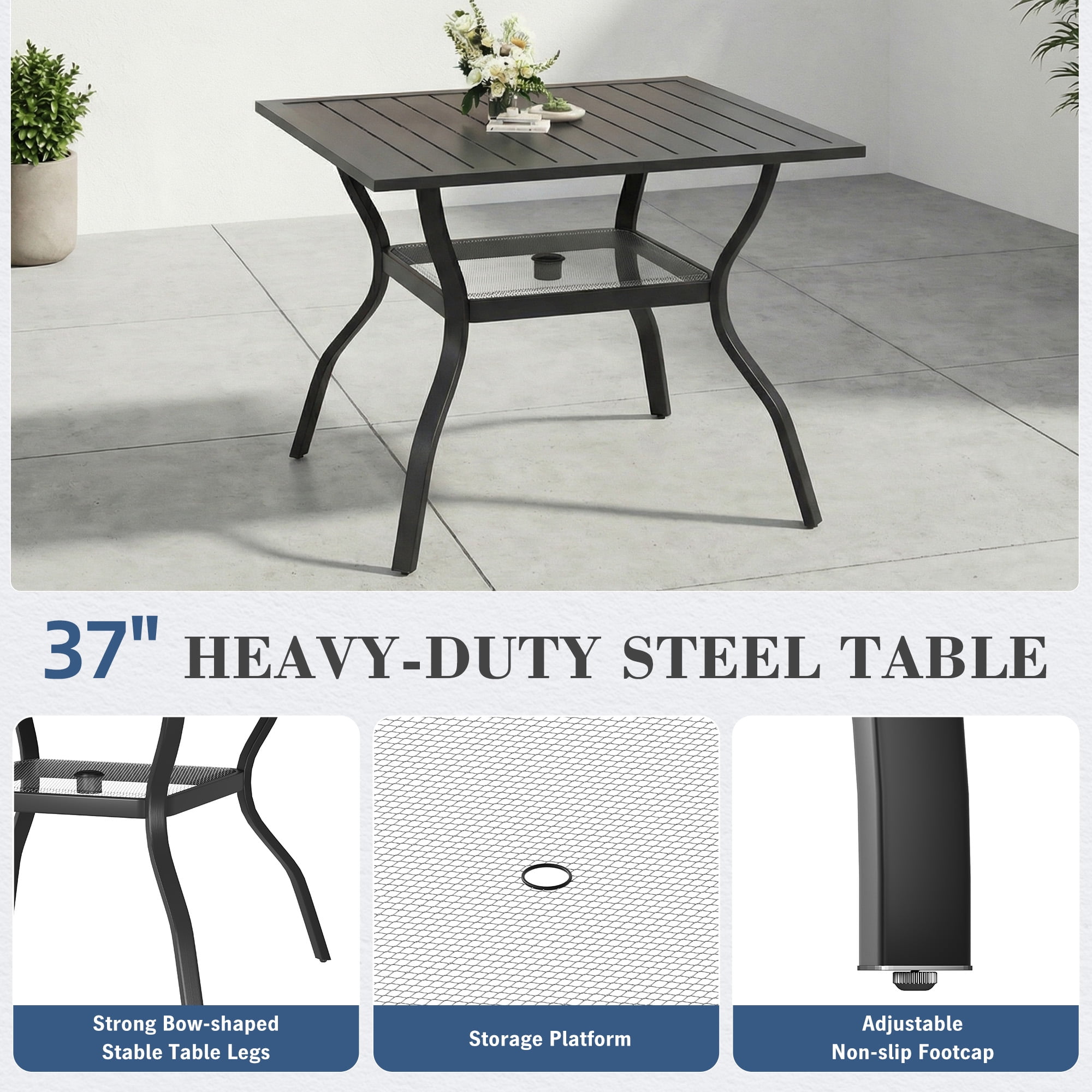 Homrest 5 Piece Steel Foldable Outdoor Conversation Sets with Table with Umbrella Hole and Stackable Chairs