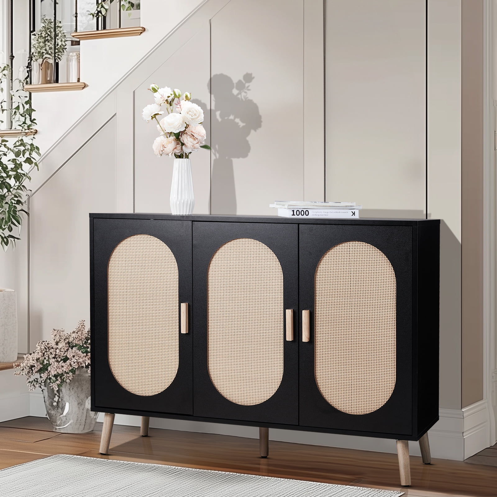 3-Door Rattan Shoe Cabinet, Black Frame Golden High-Leg Entrance Storage Cabinet with Adjustable Partitions, Oval Rattan Surface, Ample Storage for Shoes, Keys & Letters, Home Decor for Entryway