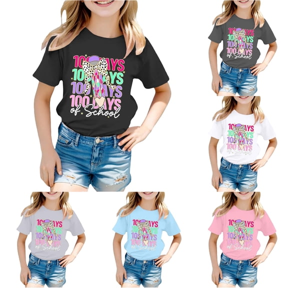 HCYSFG Girls Back To School Top 100 Days Of School Graphic Print Short Sleeve Crew Neck T Shirt Kindergarten Celebration Tee