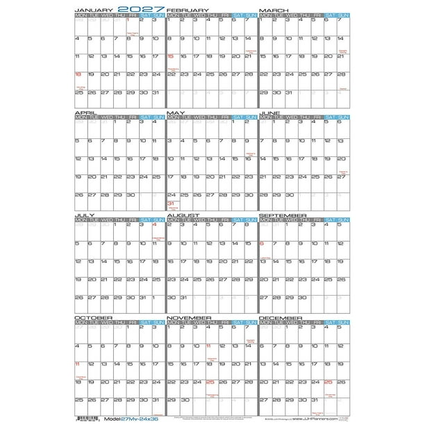 Erasable Wall Calendar 2023 JJH Planners Laminated 24" X 36" Large Monday Start Week 2027 Erasable Wall Calendar